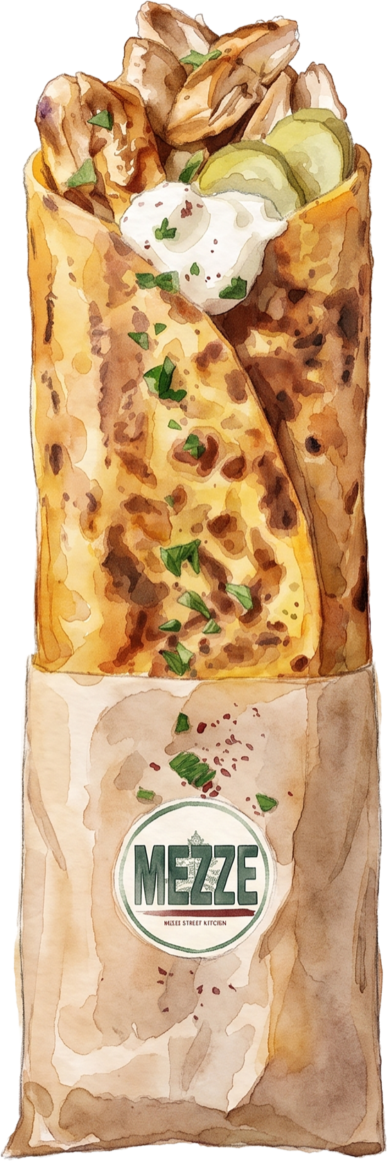 The Shawarma Wrap — chicken shawarma, Lebanese pickles, and house garlic sauce in a pressed wrap
