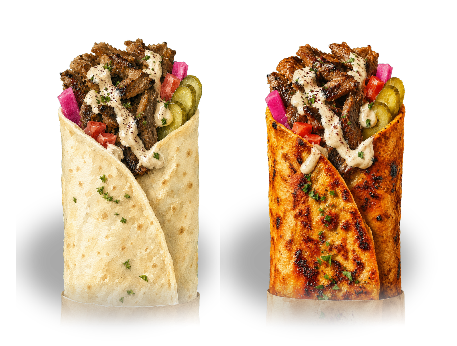 Two shawarma wraps side by side on a watercolour green ground — on the left the classic, in soft pale Lebanese bread; on the right the crispy, its bread brushed with red sauce and grilled to a charred golden crust. Both are stuffed with beef, garlic sauce, tomatoes, pickled turnips and pickles.